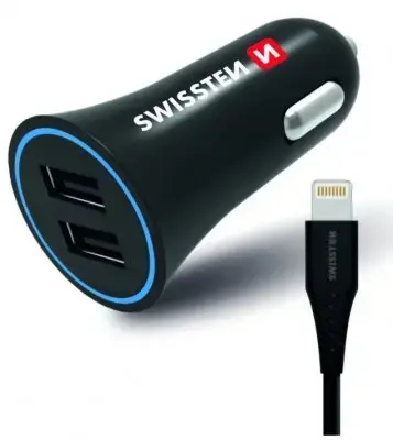 Swissten Premium car charger | 12W | USB-A, Lightning | with Lightning cable included | black