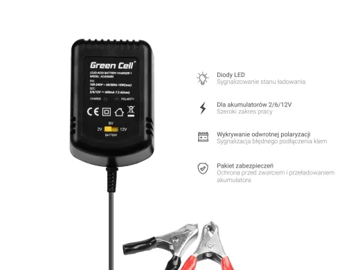 Green Cell 2V | 6V | 12V tīkla lādētājs | 0.6A | zaļš