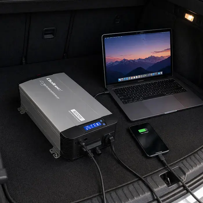 Qoltec Pure Sine Wave Inverter with UPS | 12V to 230V | 3000/6000W | USB | Compatible with LiFePO4 GEL AGM