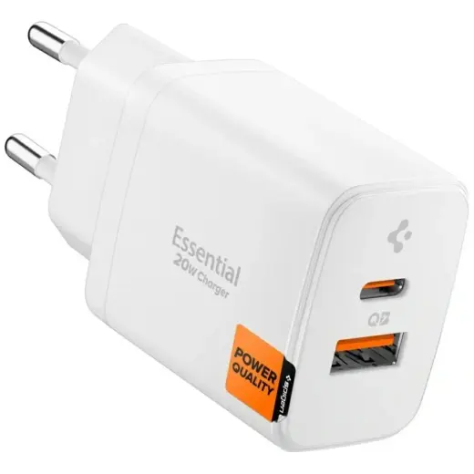 Spigen Essential EE202EU tīkla lādētājs | 20W | USB-C, USB-A | balts
