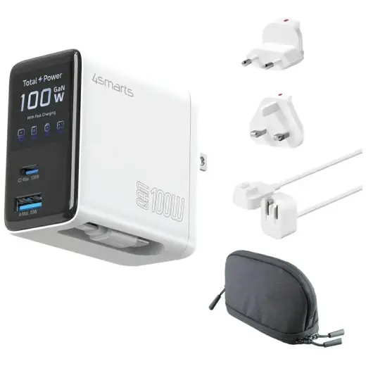 4smarts GaN Flex Screen AI tīkla lādētājs | 100W | GaN | USB-C, USB-A | balts
