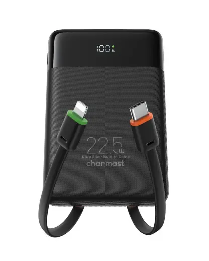 Charmast W1202 väline akupank (powerbank) | 10 000 mAh | 22.5W | PD | USB-C, Lightning, USB-A | LED ekraan | black