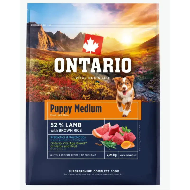 Barība kucēniem – Ontario Puppy Medium, Lamb and Brown Rice, 2,25 kg