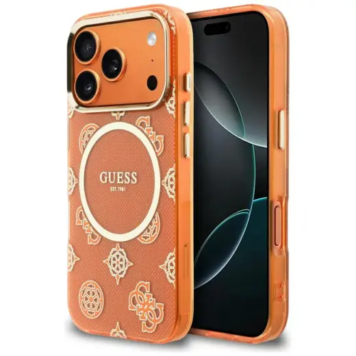 Guess IML Peony Dot telefoniümbris MagSafe toega iPhone 17 Pro oranž