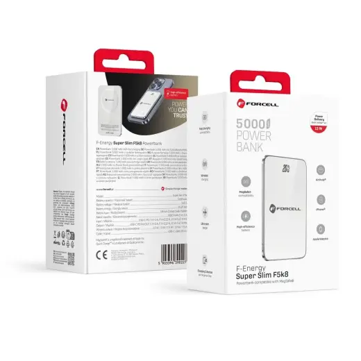 Forcell F-Energy SuperSlim F5K8 ārējais akumulators (powerbank) | 5000 mAh | 15W | PD3.0, QC4.0 | USB-C, MagSafe | balts