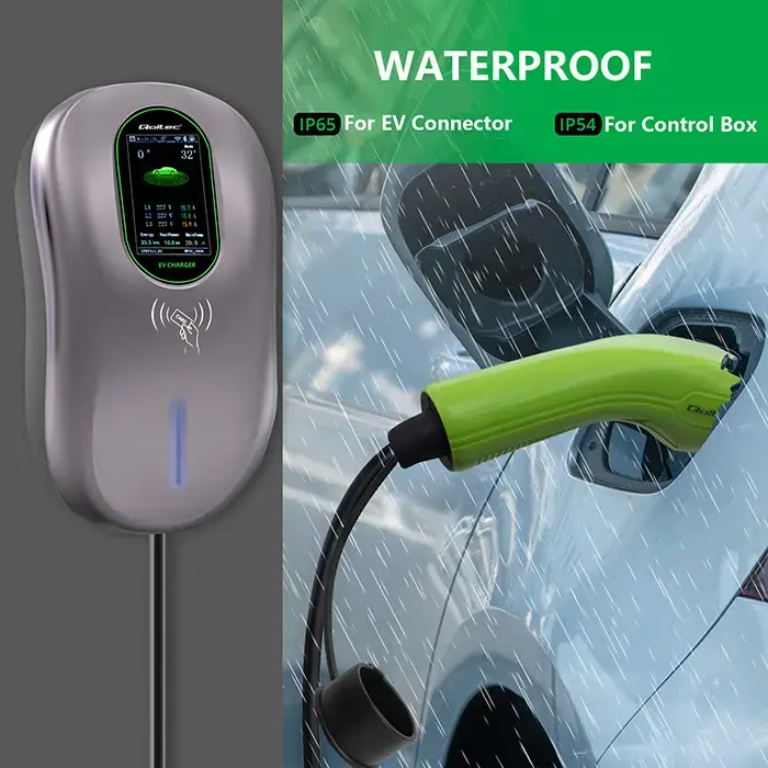 Qoltec EV Charging Station 2-in-1 Type2 | 22kW | LCD | 2 EV cards | 3 phases | Wallbox | 5m