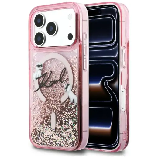 Karl Lagerfeld Liquid Glitter Karl Script Logo maciņš ar MagSafe atbalstu telefonam iPhone 17 Pro rozā