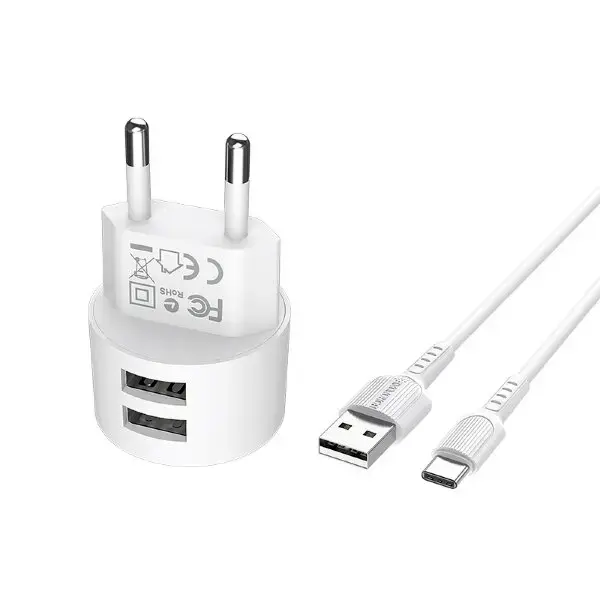 Borofone BA23A Universal Travel Charger USB | 5V | 2.4A + Type-C Cable 1M White