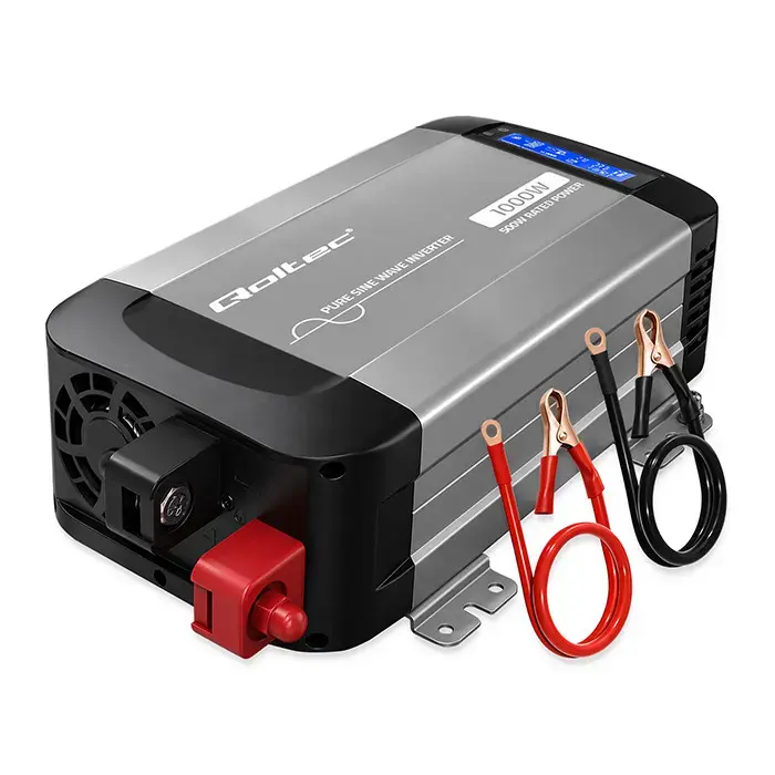 Qoltec Pure Sine Wave Inverter | 12V to 230V | 500/1000W | LCD | USB | USC-C | Compatible with LiFePO4 GEL AGM