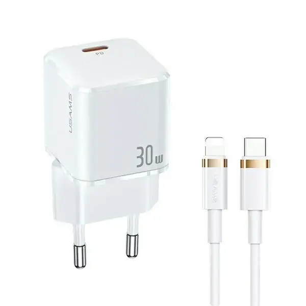 USAMS UXTZH02 travel charger | 30W | PD3.0 | USB-C | with USB-C to Lightning cable included | white