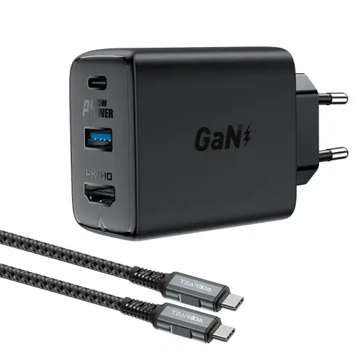 Acefast A17 travel charger | 65W | GaN | USB-C, USB-A | with USB-C to USB-C cable included | black