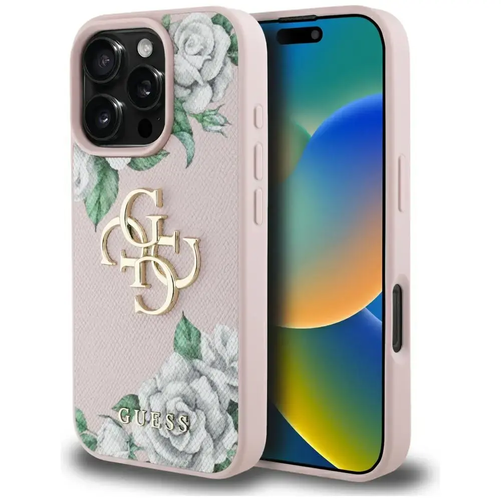 Guess Grained Roses Big 4G logo telefona maciņš iPhone 16 Pro Max rozā