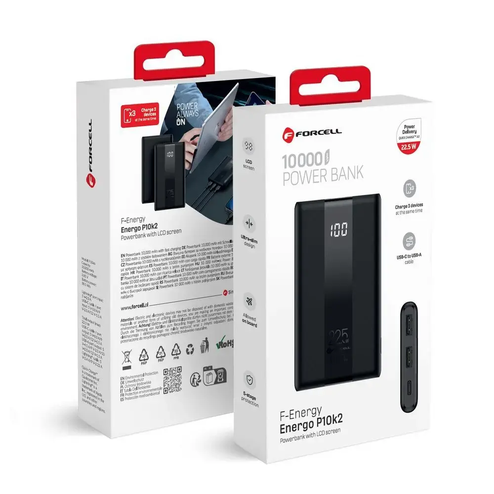 Внешний аккумулятор (powerbank) Forcell F-Energy Energo P10K2 | 10 000 мА·ч | 22.5 Вт | PD, QC | USB-A, USB-C | черный