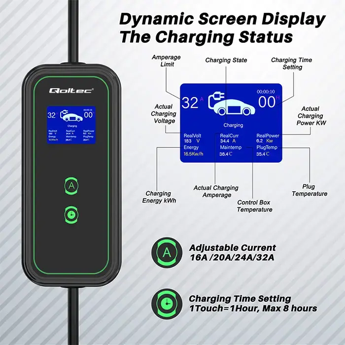 Qoltec Mobile EV charger with adjustable 2in1 Type2 | 7kW | 230V | CEE 32A | Wi-fi | LCD | Portable | Wallbox | 5m