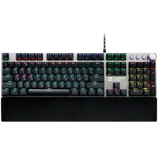 CANYON Nightfall GK-7, Wired Gaming Keyboard,Black 104 mechanical switches,60 million times key life, 22 types of lights,Removable magnetic wrist rest,4 Multifunctional control knobs,Trigger actuation 1.5mm,1.6m Braided cable,RU layout,dark grey, size:435*125*37.47mm, 840g