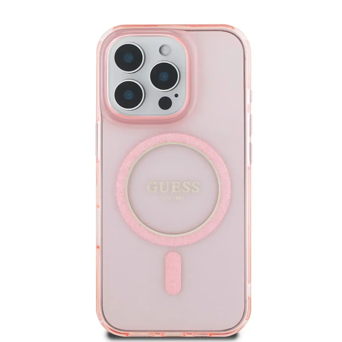 Guess IML Glitter Ring MagSafe Case for iPhone 16 Pro Max Pink
