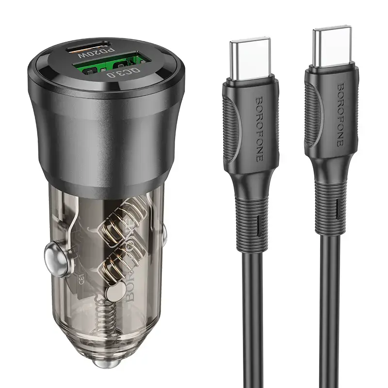 Borofone Car charger BZ25 Journey - USB + Type C - PD 38W 3A with Type C to Type C cable black