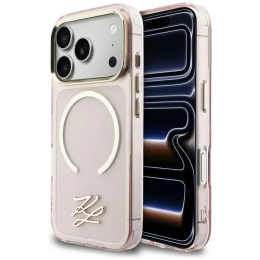 Karl Lagerfeld IML KL Script Logo grāmatveida maciņš ar MagSafe atbalstu telefonam iPhone 17 Pro rozā