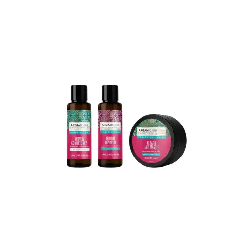 Set Arganicare: Keratin, Hair Conditioner, Nourishing & Strengthening, 100 ml + Keratin, Hair Shampoo, Repairing & Nourishing, 100 ml + Keratin, Hair Treatment Cream Mask, Nourishing & Repairing, 100 ml
