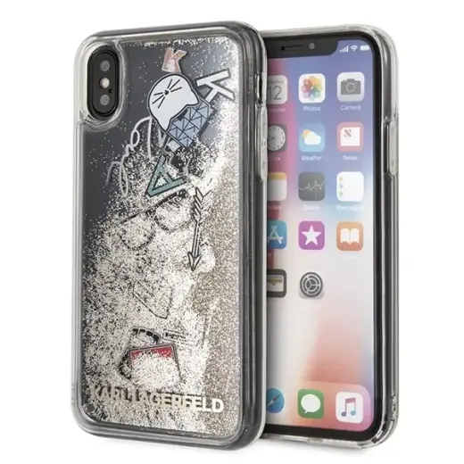 Karl Lagerfeld KLHCPXKSICGO iPhone X|Xs gold hard case Iconic Patterns Liquid Glitter