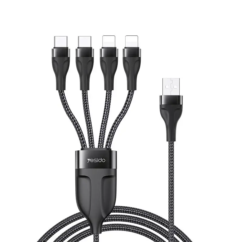 YESIDO CABLE CA111 USB-4IN1 (2xTYPE-C+2xLIGHTNING) 1,2M 4A, BLACK