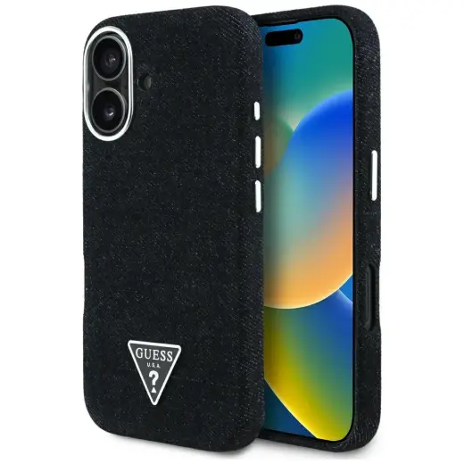 Guess Denim Triangle Logo чехол для телефона для iPhone 16 черный с поддержкой MagSafe