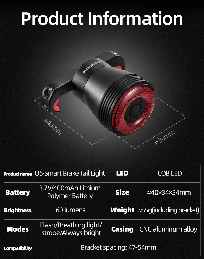Rockbros Q5 Rear Bike Light with Intelligent Stop System - Black