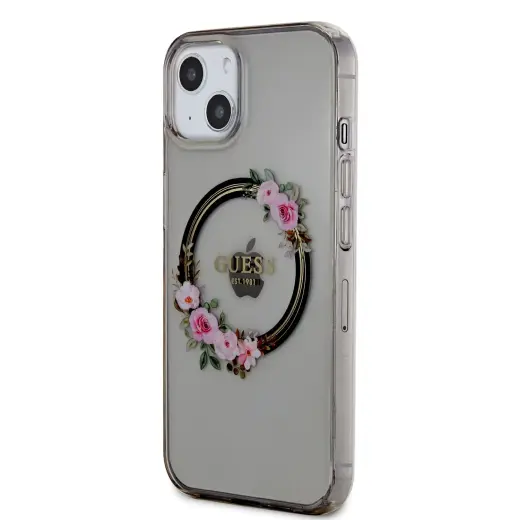 Guess PC|TPU Flowers Ring Glossy Logo чехол с подставкой и поддержкой MagSafe для телефона iPhone 13 чёрный