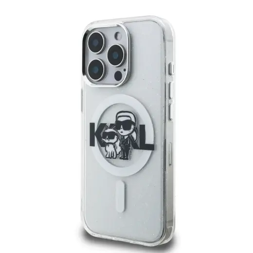 Karl Lagerfeld IML Glitter Karl and Choupette Sketch MagSafe Case for iPhone 15 Pro Max Transparent