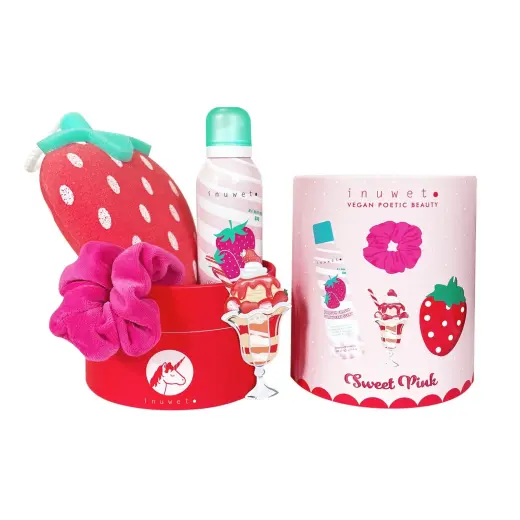 Set Inuwet: Strawberry, Cleansing & Moisturising, Shower Mousse, 200 ml + Scrunchy, Hair Elastic + Strawberry, Body Sponge + Strawberry, Gift Sticker