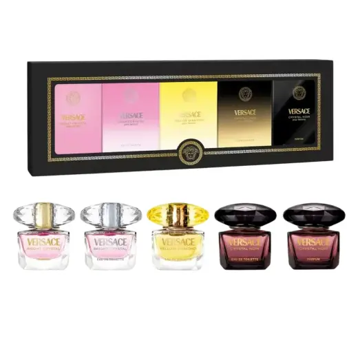 Set Versace: Bright Crystal, Parfum, For Women, 5 ml *Miniature + Bright Crystal, Eau De Toilette, For Women, 5 ml *Miniature + Yellow Diamond, Eau De Toilette, For Women, 5 ml *Miniature + Crystal Noir, Eau De Toilette, For Women, 5 ml *Miniature + Crystal Noir, Parfum, For Women, 5 ml *Miniature