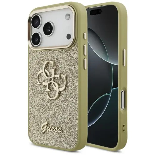 Guess Fixed Glitter Big 4G Metal Frame maciņš telefonam iPhone 17 Pro zeltains