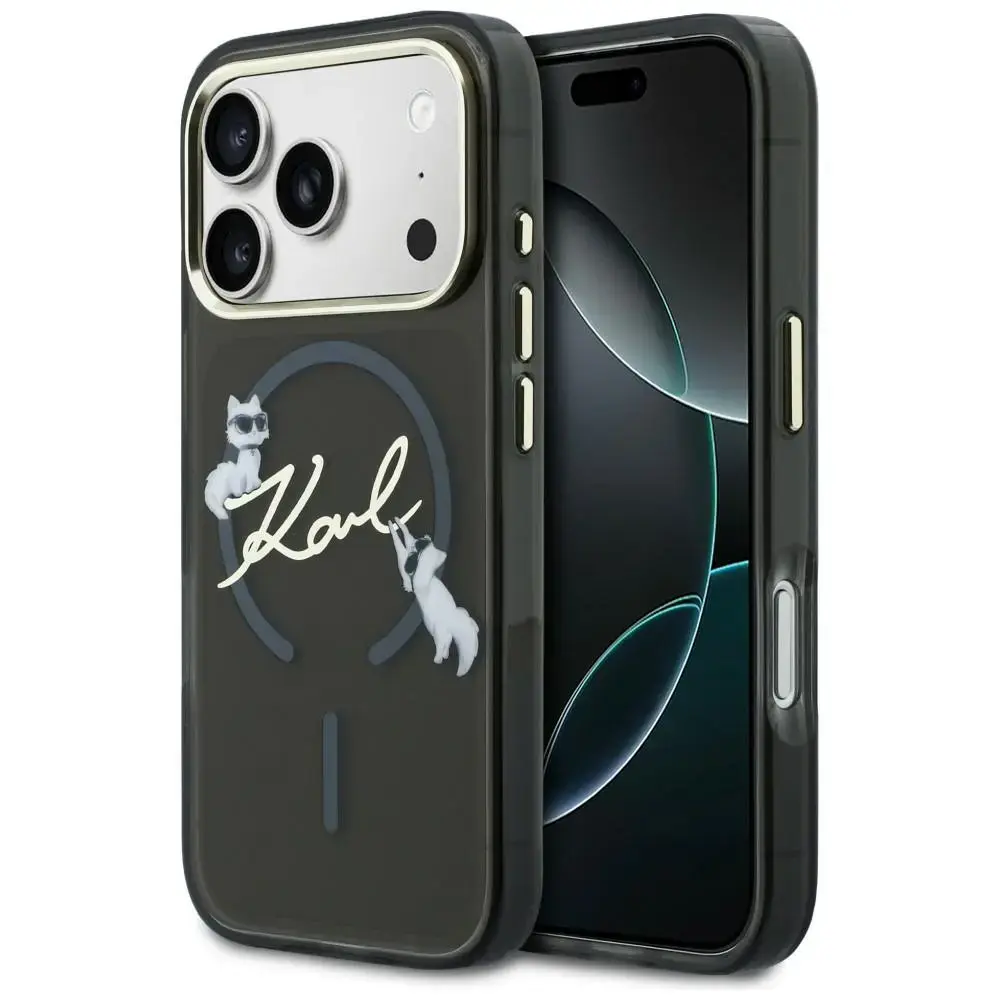 Karl Lagerfeld IML Choupettes Karl Script Logo maciņš ar MagSafe atbalstu telefonam iPhone 17 Pro Max melns