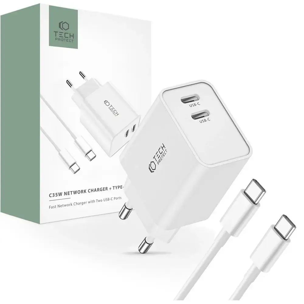 Tech-Protect C35W tīkla lādētājs | 35W | PD | USB-C | USB-C uz USB-C vads komplektā | balts