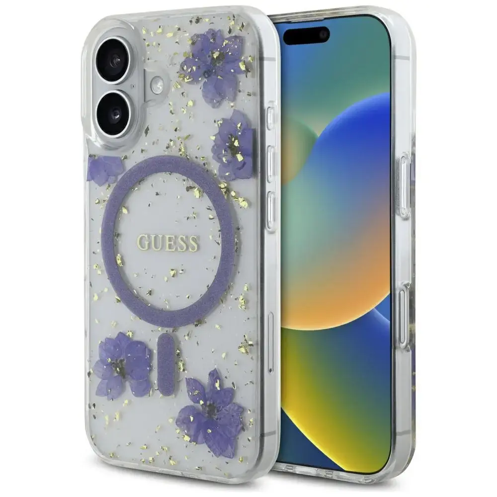 Guess Resin Flowers ar spīdumiem telefona maciņš priekš iPhone 16 purpurs ar MagSafe atbalstu